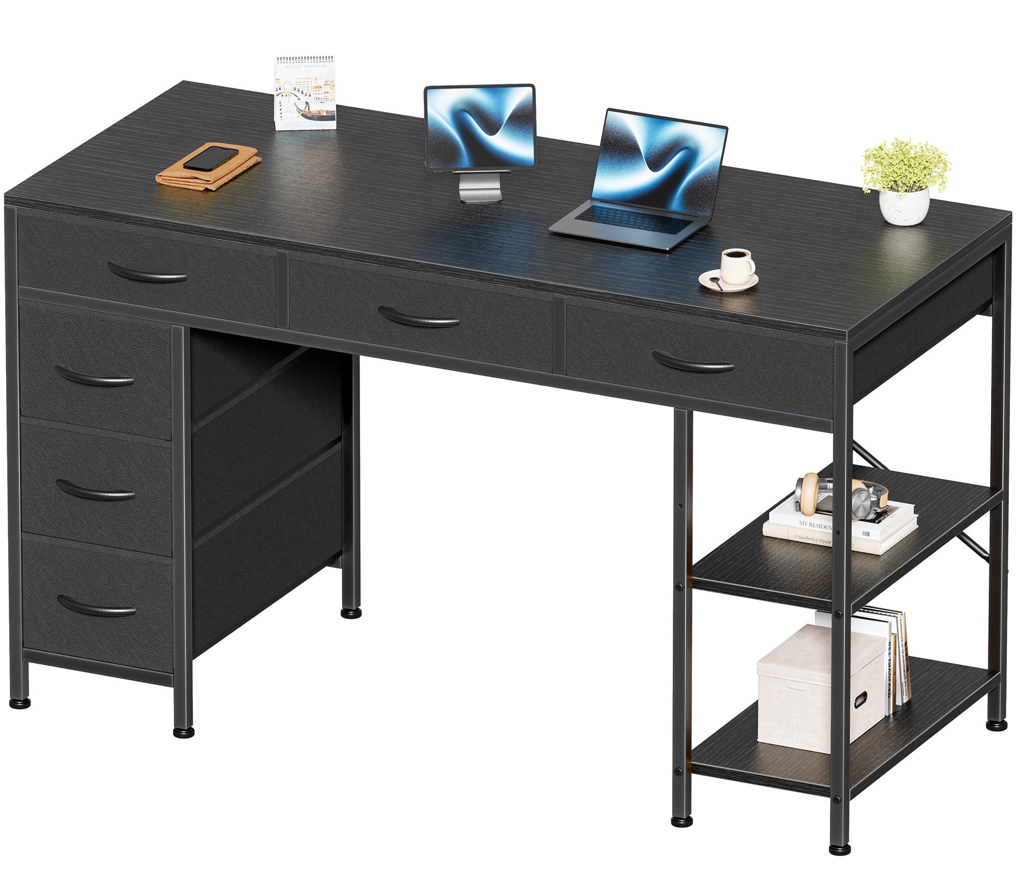 Amadwell 47" Desk with Drawers & Storage, Office Desk with Reversible Shelves, Gaming Computer Desk, Black