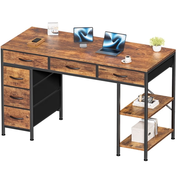 Amadwell 47" Desk with Drawers & Storage, Office Desk with Reversible Shelves, Gaming Computer Desk, Brown