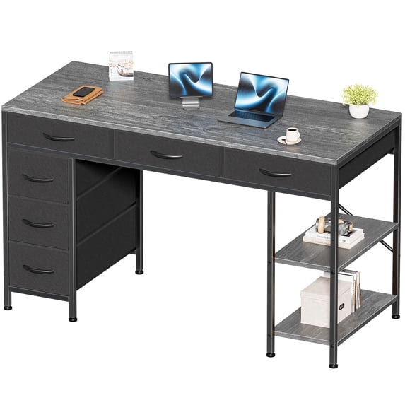 Amadwell 47" Desk with Drawers & Storage, Office Desk with Reversible Shelves, Gaming Computer Desk, Grey