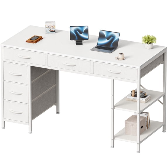 Amadwell 47" Desk with Drawers & Storage, Office Desk with Reversible Shelves, Gaming Computer Desk, White