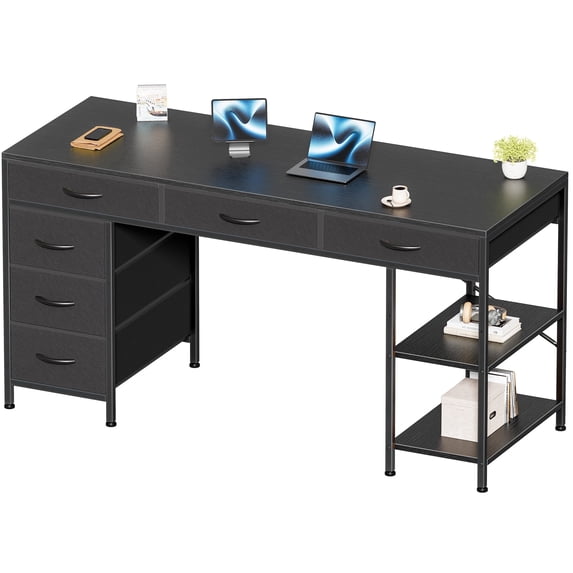Amadwell 54" Desk with Drawers & Storage, Office Desk with Reversible Shelves, Gaming Computer Desk, Black