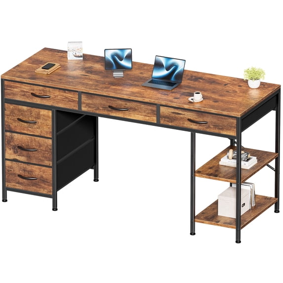 Amadwell 54" Desk with Drawers & Storage, Office Desk with Reversible Shelves, Gaming Computer Desk, Brown
