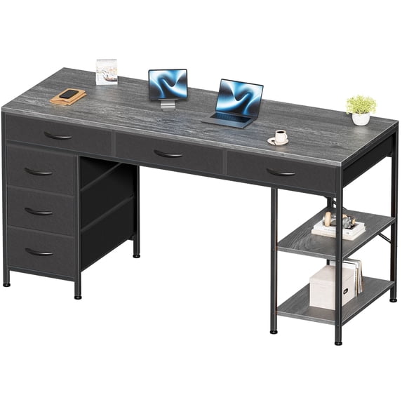 Amadwell 54" Desk with Drawers & Storage, Office Desk with Reversible Shelves, Gaming Computer Desk, Grey