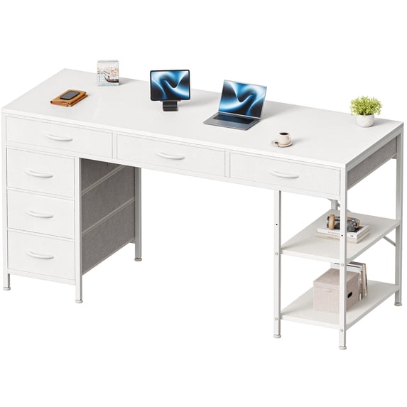 Amadwell 54" Desk with Drawers & Storage, Office Desk with Reversible Shelves, Gaming Computer Desk, White