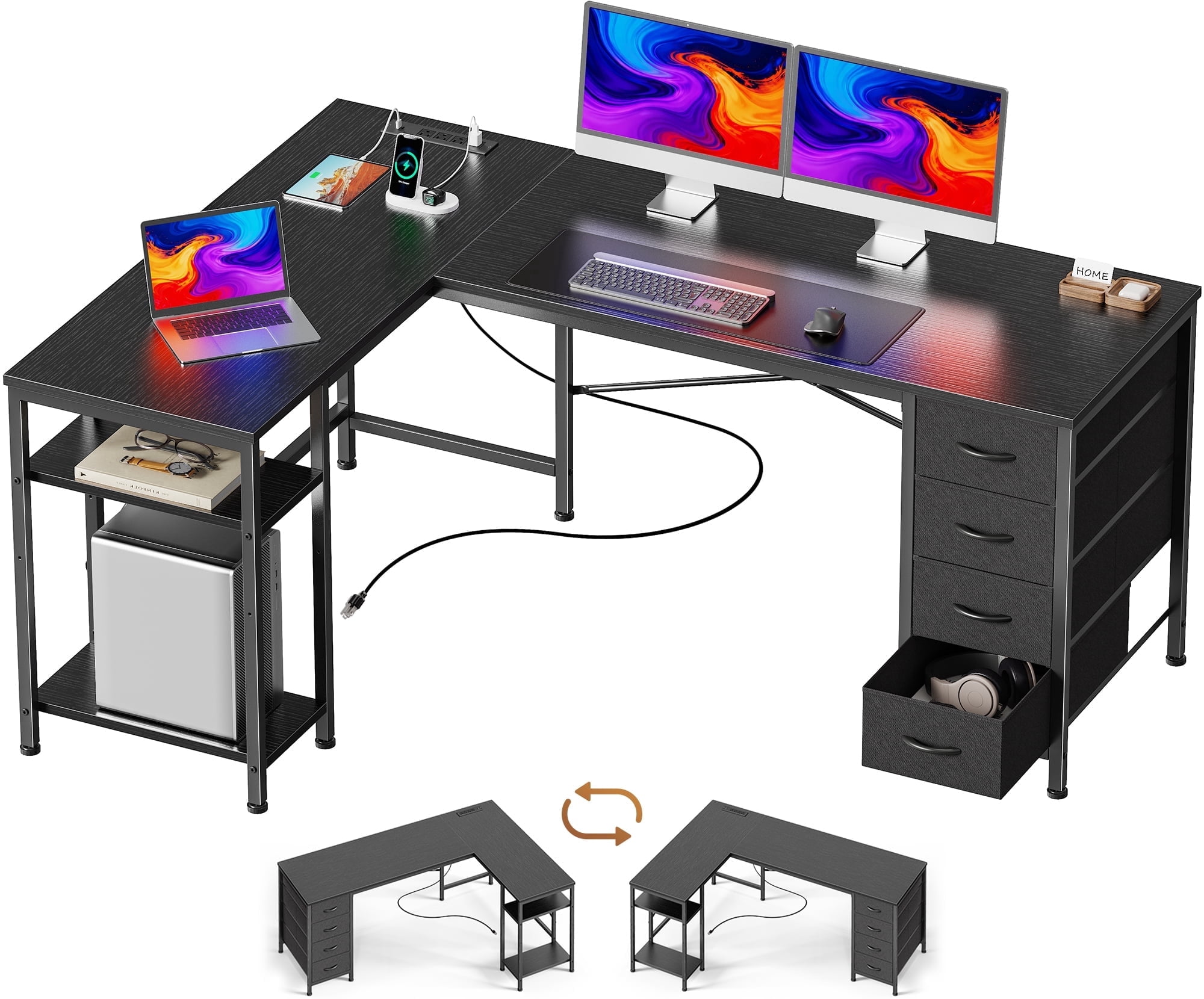 55 Inch L-Shaped Desk with Fabric Drawers, Reversible Home Office & Gaming Desk with Power Outlets, USB-C, and Adjustable Storage Shelves