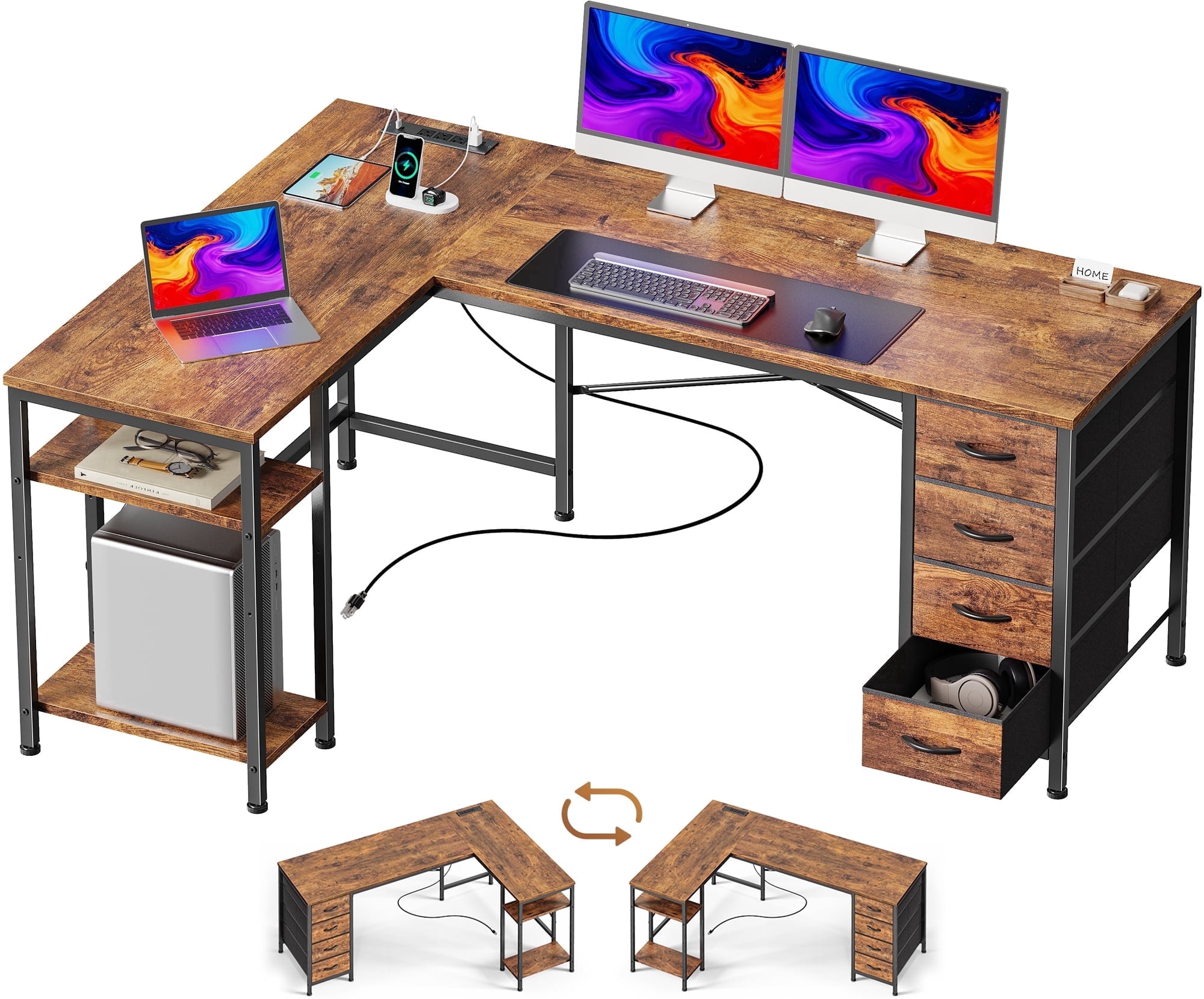 55 Inch L-Shaped Desk with Fabric Drawers, Reversible Home Office & Gaming Desk with Power Outlets, and Adjustable Storage Shelves