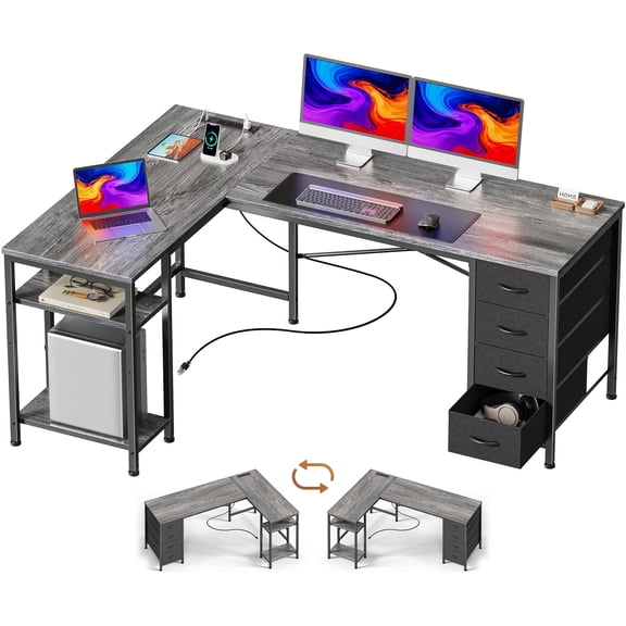 55 Inch L-Shaped Desk with Fabric Drawers, Reversible Home Office & Gaming Desk with Power Outlets, USB-C, and Adjustable Storage Shelves
