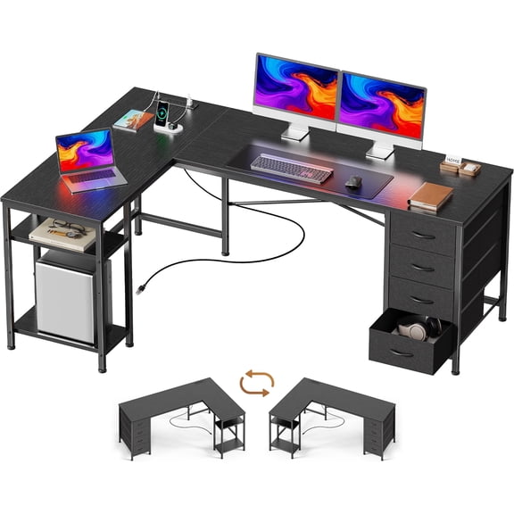 63 Inch L-Shaped Desk with Fabric Drawers, Reversible Home Office & Gaming Desk with Power Outlets, USB-C, and Adjustable Storage Shelves