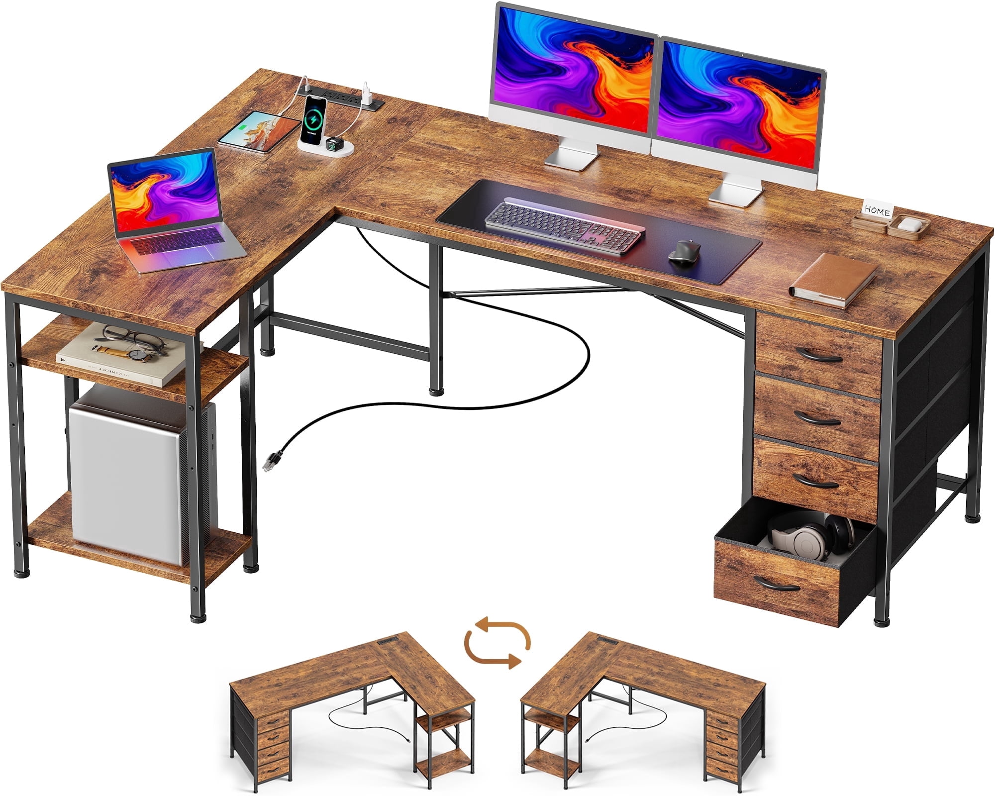 63 Inch L-Shaped Desk with Fabric Drawers, Reversible Home Office & Gaming Desk with Power Outlets, USB-C, and Adjustable Storage Shelves