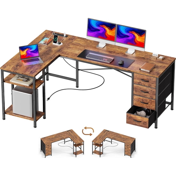 63 Inch L-Shaped Desk with Fabric Drawers, Reversible Home Office & Gaming Desk with Power Outlets, USB-C, and Adjustable Storage Shelves