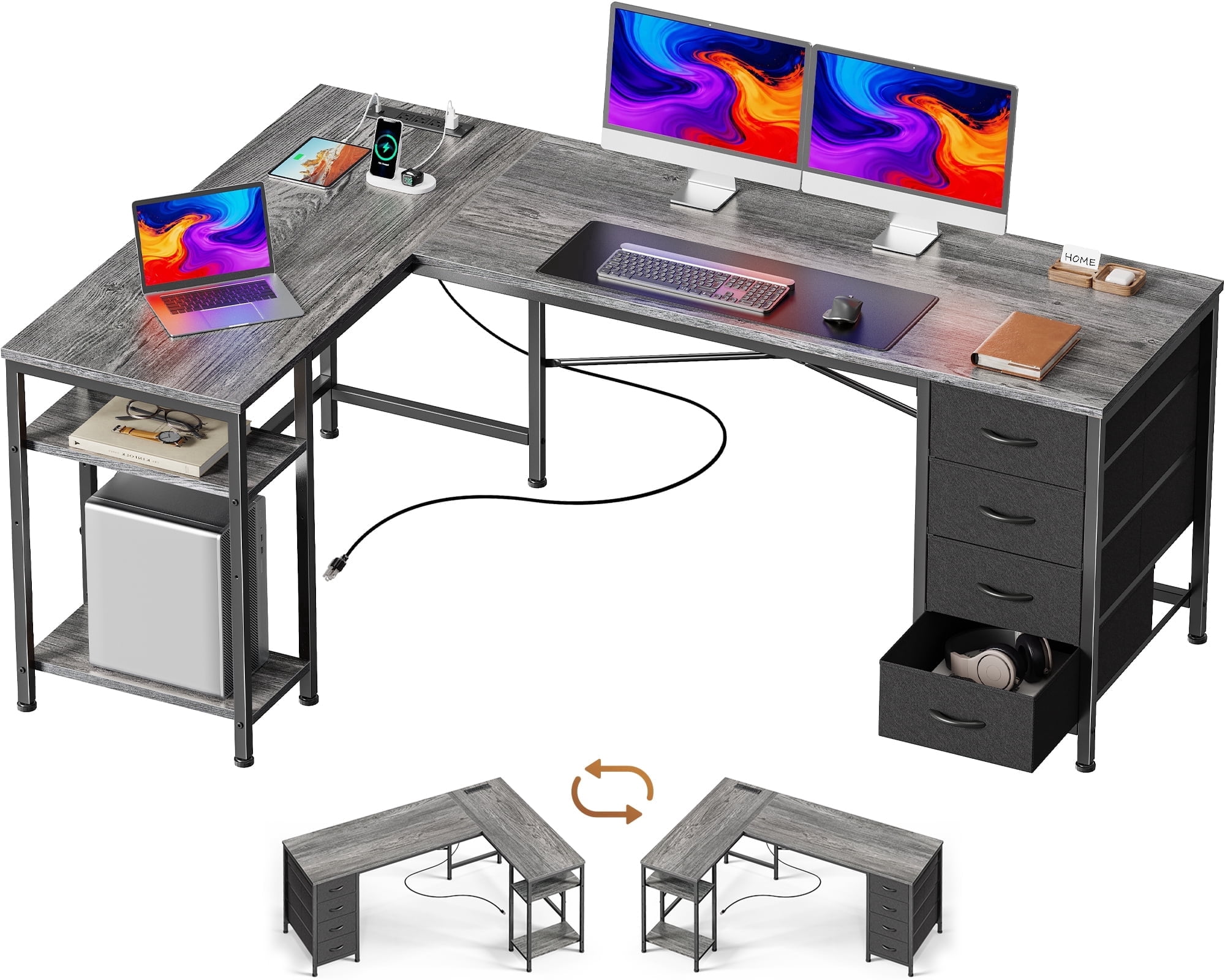 63 Inch L-Shaped Desk with Fabric Drawers, Reversible Home Office & Gaming Desk with Power Outlets, USB-C, and Adjustable Storage Shelves
