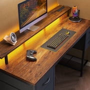 Amadwell 55" Gaming Computer Desk with LED Lights, Power Outlets, Home Office Writing Desk with 4 Drawers, Rustic Brown