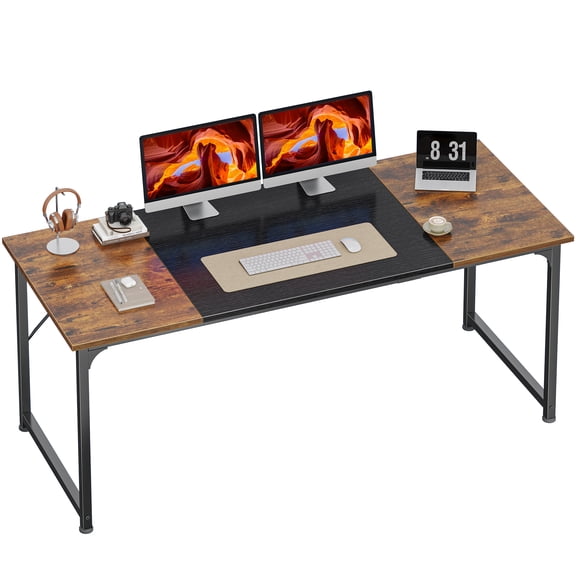 Amadwell 63" Computer Desk, Home Office Desk, Large Legroom Gaming Work Desk with Sturdy Metal Frame, Simple Study Desk for Bedroom, Rustic Brown and Black