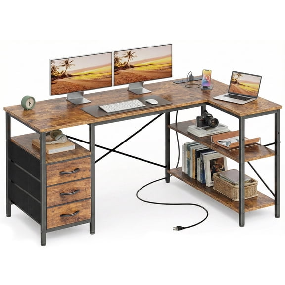 47 Inch L Shaped Office Desk with Power Outlets, Computer Desk with Drawers, Corner Desk for Home Office