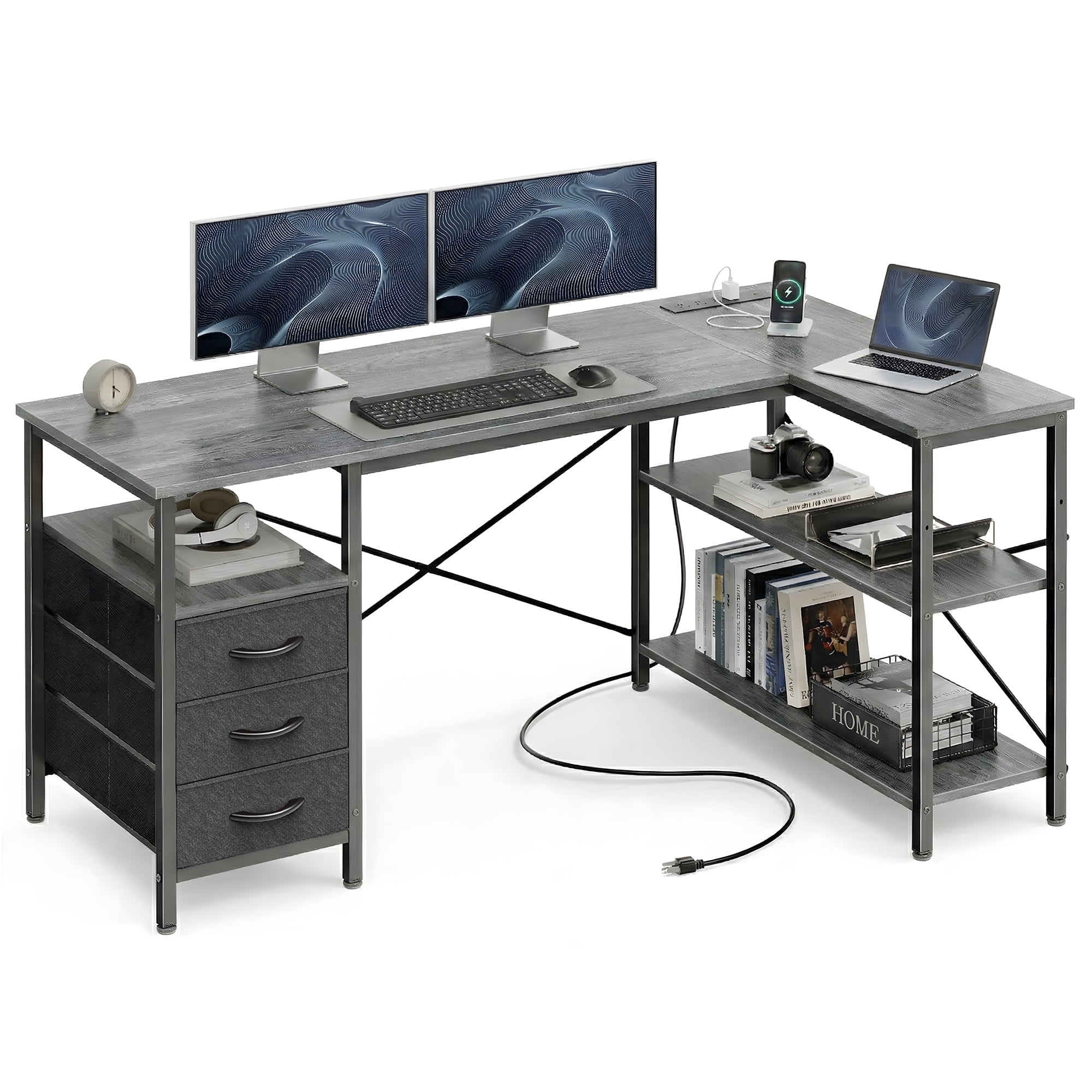 47 Inch L Shaped Office Desk with Power Outlets, Computer Desk with Drawers, Corner Desk for Home Office