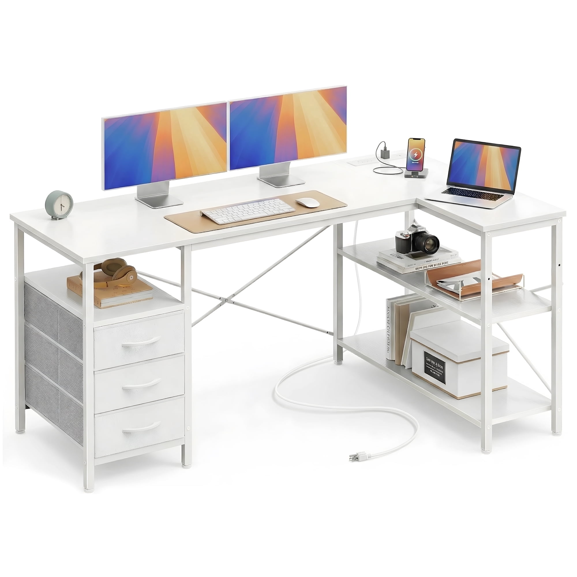 47 Inch L Shaped Office Desk with Power Outlets, Computer Desk with Drawers, Corner Desk for Home Office