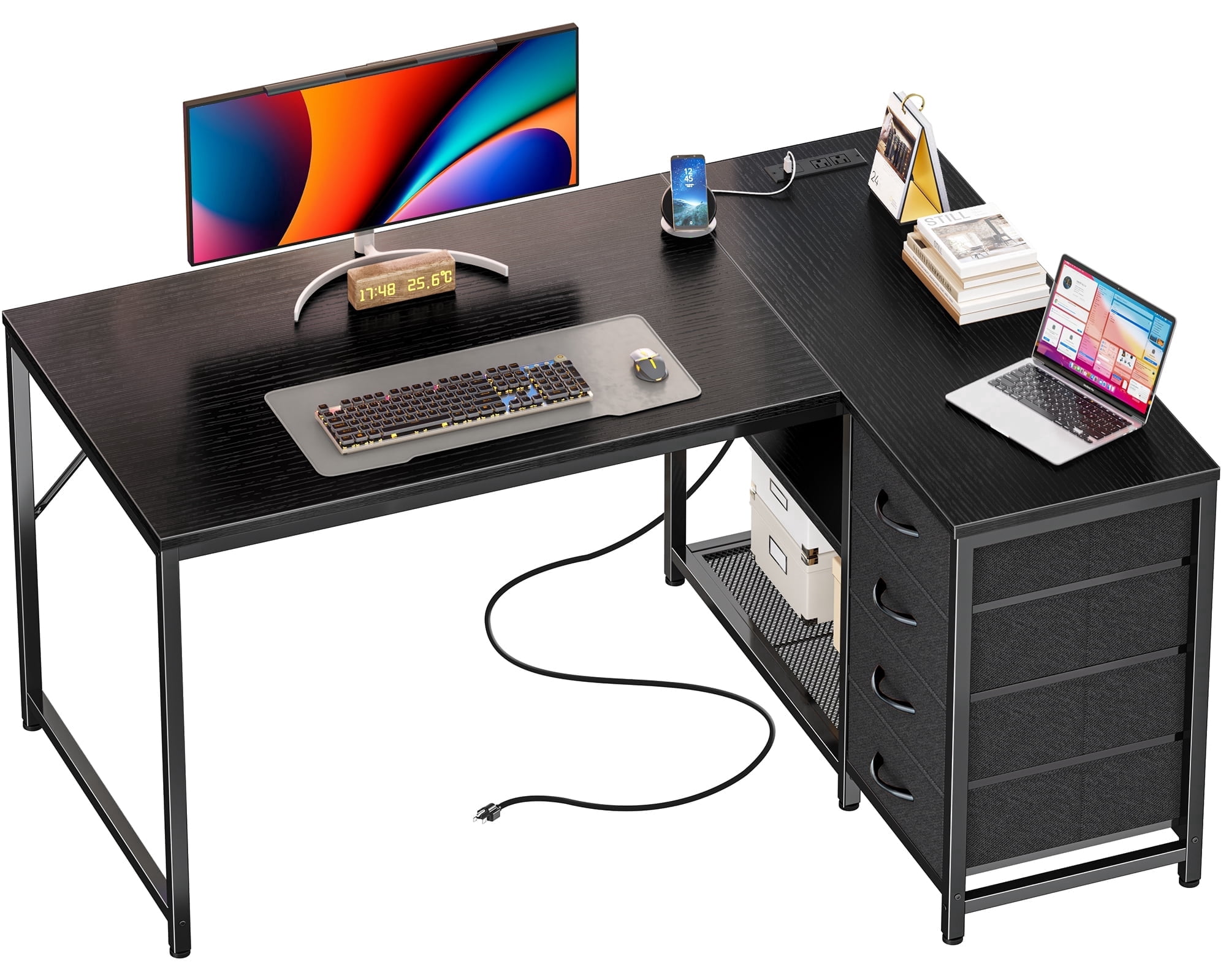 Amadwell 43 Inch L Shaped Desk with Power Outlets & Drawers, Reversible L-Shape Computer Desk