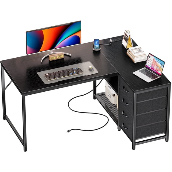 Amadwell 43 Inch L Shaped Desk with Power Outlets & Drawers, Reversible L-Shape Computer Desk