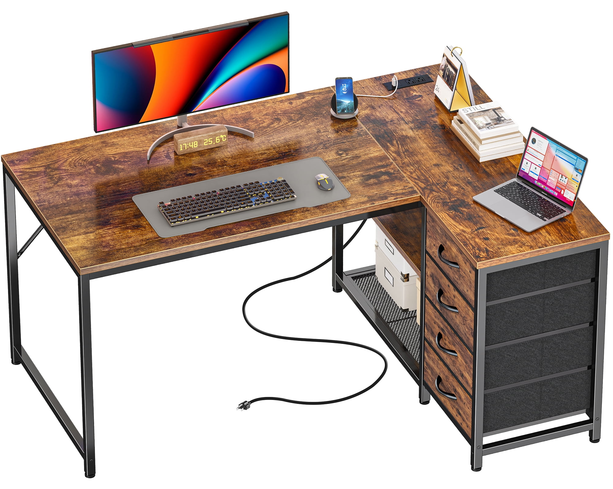 Amadwell 43 Inch L Shaped Desk with Power Outlets & Drawers, Reversible L-Shape Computer Desk