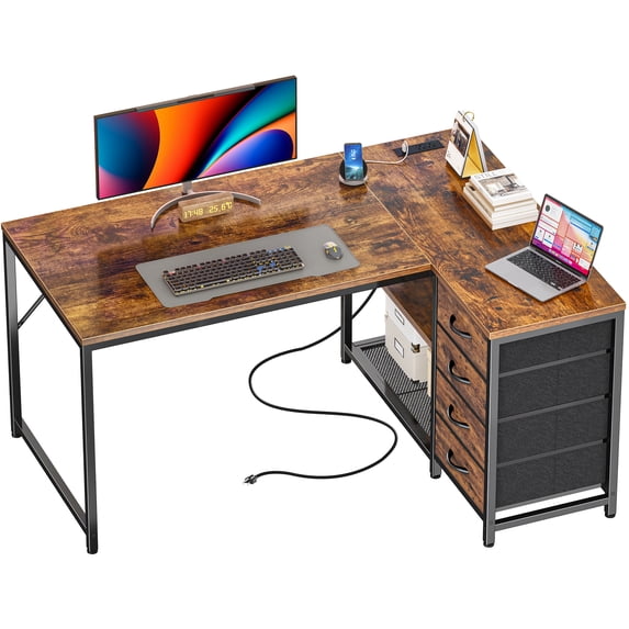 Amadwell 43 Inch L Shaped Desk with Power Outlets & Drawers, Reversible L-Shape Computer Desk