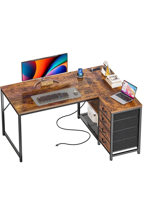 43 Inch L Shaped Desk with Power Outlets & Drawers, Reversible L-Shape Computer Desk