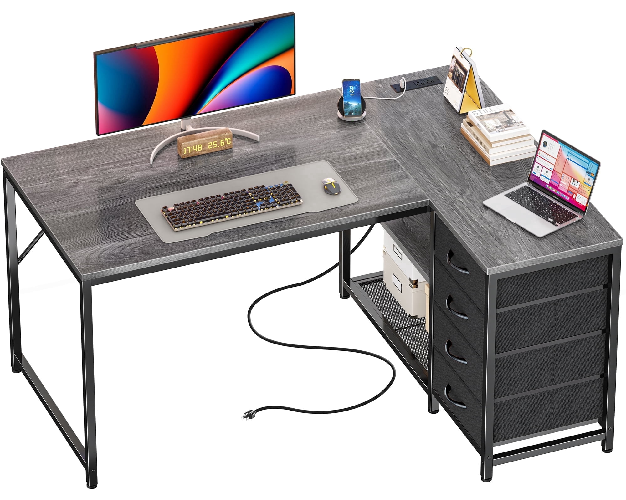 Amadwell 43 Inch L Shaped Desk with Power Outlets & Drawers, Reversible L-Shape Computer Desk