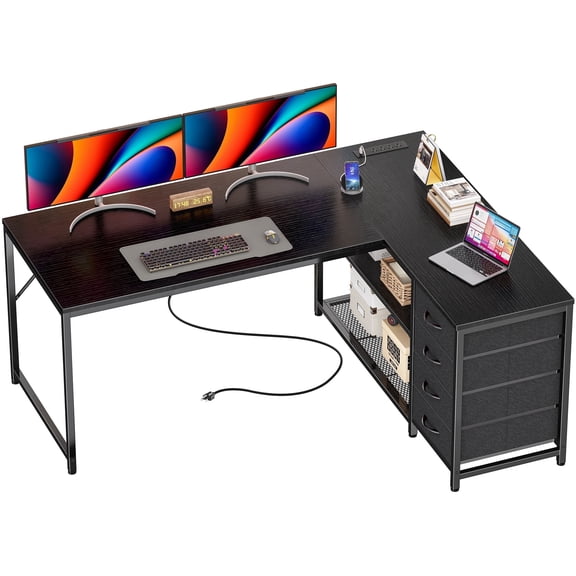 Amadwell 53 Inch L Shaped Desk with Power Outlets & Drawers, Reversible L-Shape Computer Desk