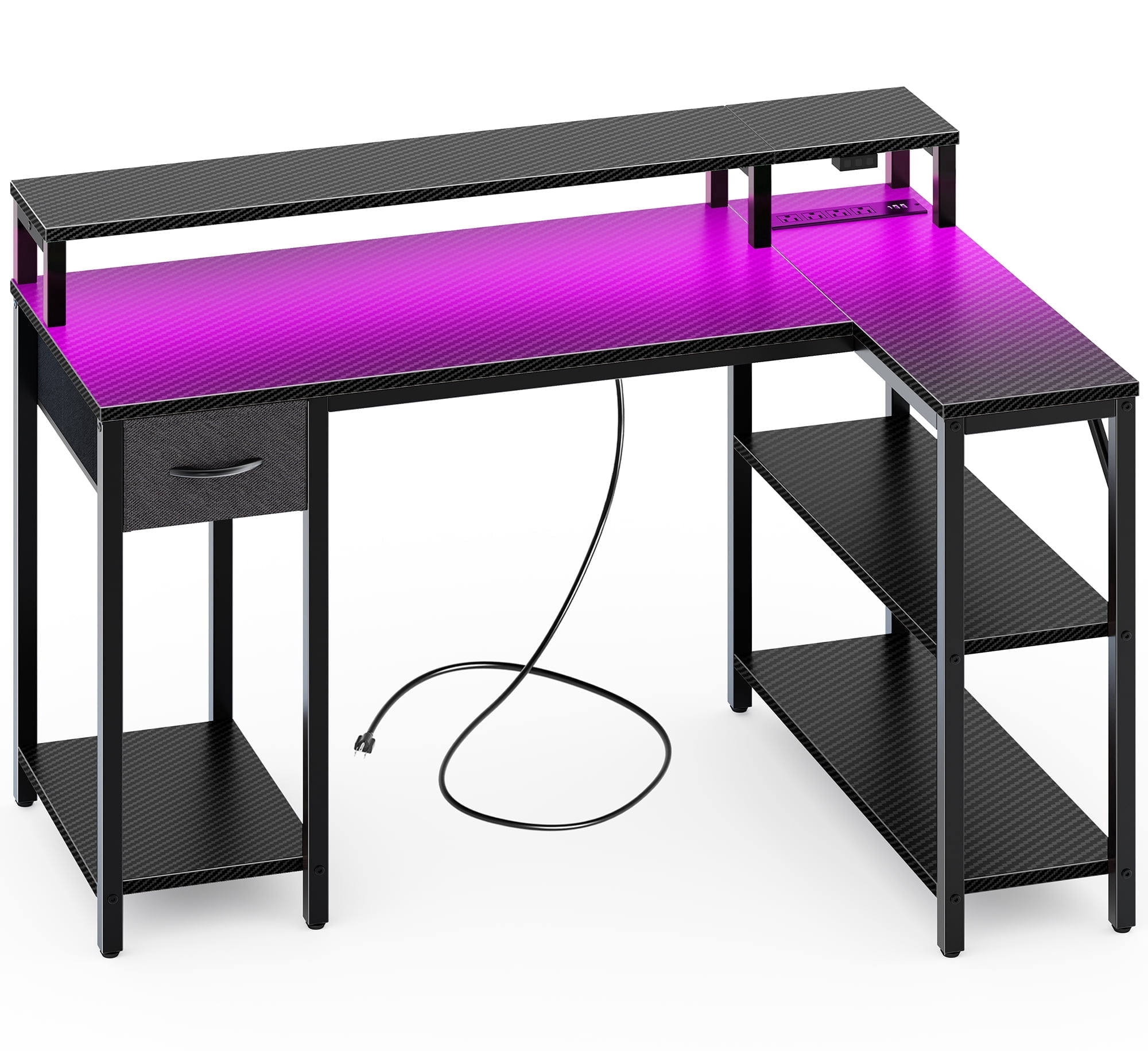 Amadwell 47 Inch L Shaped Desk with LED Strip, Corner Gaming Desk with Power Outlet, Drawer & Shelves