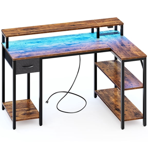 Amadwell 47 Inch L Shaped Desk with LED Strip, Corner Gaming Desk with Power Outlet, Drawer & Shelves