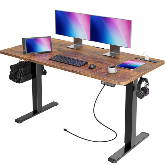 Amadwell 55" Electric Height Adjustable Standing Desk, 27.6" Deep Work Table with Power Outlets, Home Office Desk