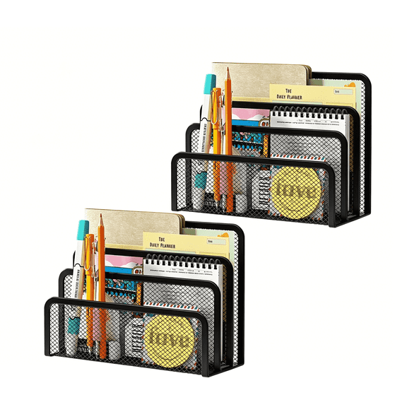 Desk Mail Organizer 2 Pack, Metal Mesh Desk File Holder, Multi-Compartment Design for Office Home Letter Bill Document Storage, Black
