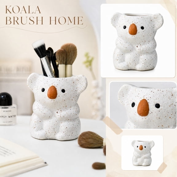 Desk Makeup Organizer, Koala Makeup Brush Holder, Speckled Ceramic Container, Cute Animal Stationery Holder, 4.5X4.5X3.5 in Multi-Function Storage for Makeup Brushes, Pens, Small