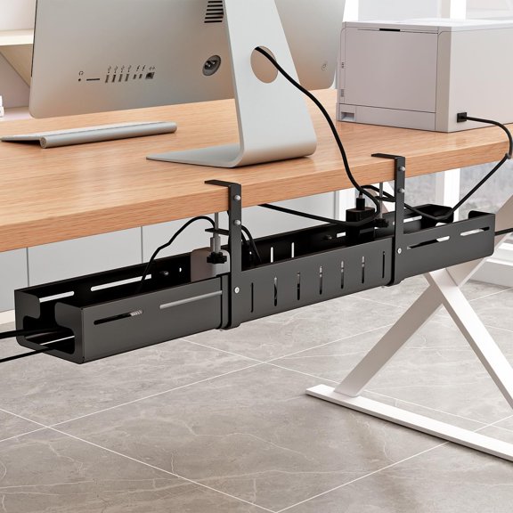 Under Desk Management Tray, Expandable Length 25.2"-38.6",No Drill No to Desk, Tray with Clamp for with Wire Management,for Cord Organizer for Office Standing Desk, Black