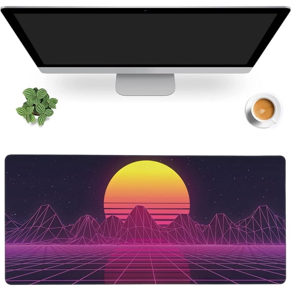 Desk Mat,80s Retro Sunset Gaming Mouse Pad,XXL Extended Mouse Pad Mat for Office,Computer,Keyboard with Non-Slip Base Stitched Eges Mousepad 35.4x15.75 inch