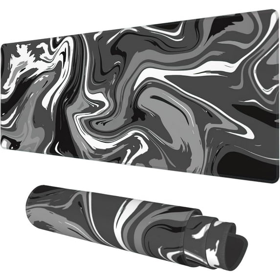 Desk Mat, Abstract Black White Ink Liquid Waves Extended Gaming Mouse Pad Large, 31.5"x11.8" Big Mouse Pad with Non-Slip Base and Stitched Edge, Long Computer Keyboard Mouse Mat for Home Office Work