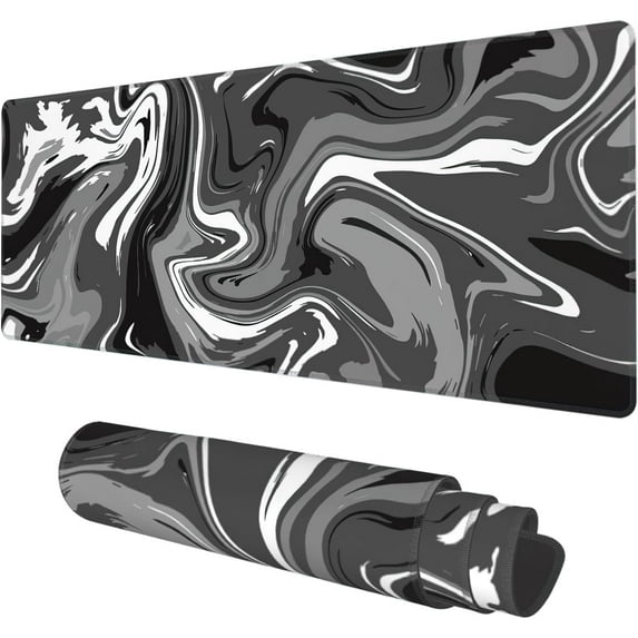 Desk Mat, Abstract Black White Ink Liquid Waves Extended Gaming Mouse Pad Large, 31.5"x11.8" Big Mouse Pad with Non-Slip Base and Stitched Edge, Long Computer Keyboard Mouse Mat for Home Office Work