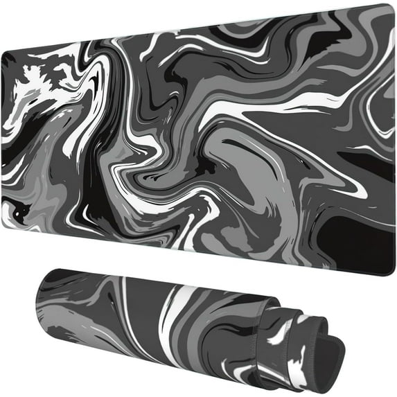 Desk Mat, Abstract Black White Ink Liquid Waves Extended Gaming Mouse Pad Large, 35.4"x15.7" Big Mouse Pad with Non-Slip Base and Stitched Edge, Long Computer Keyboard Mouse Mat for Home Office Work
