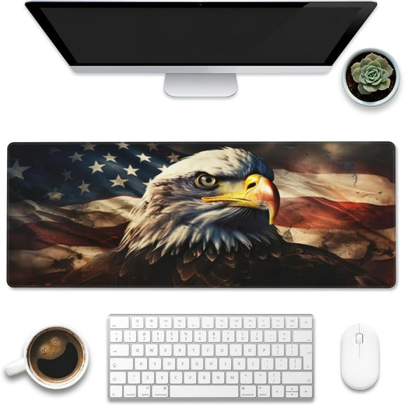 Desk Mat,American Bald Eagle Large Gaming Mouse Pad for Desk XL,USA Flag Eagle Desk Pad,Extended Big Computer Keyboard Mouse Pad with Non-Slip Base and Stitched Edge 31.5"x11.8"