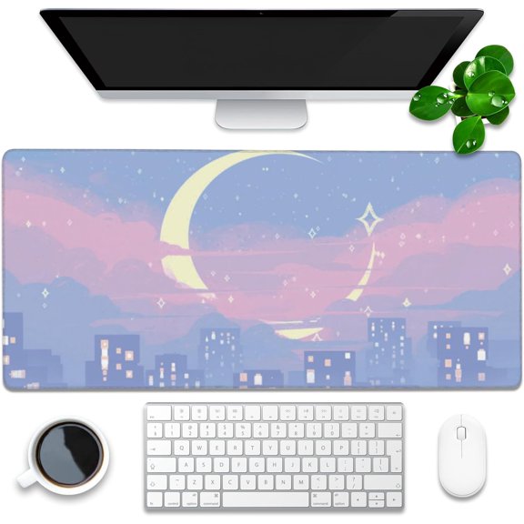 Desk Mat, Anime Moon City Night Scene Extended Gaming Mouse Pad Large, 35.4"x15.7" Big Mouse Pad with Non-Slip Base and Stitched Edge, Long Computer Keyboard Mouse Mat for Home Office Work
