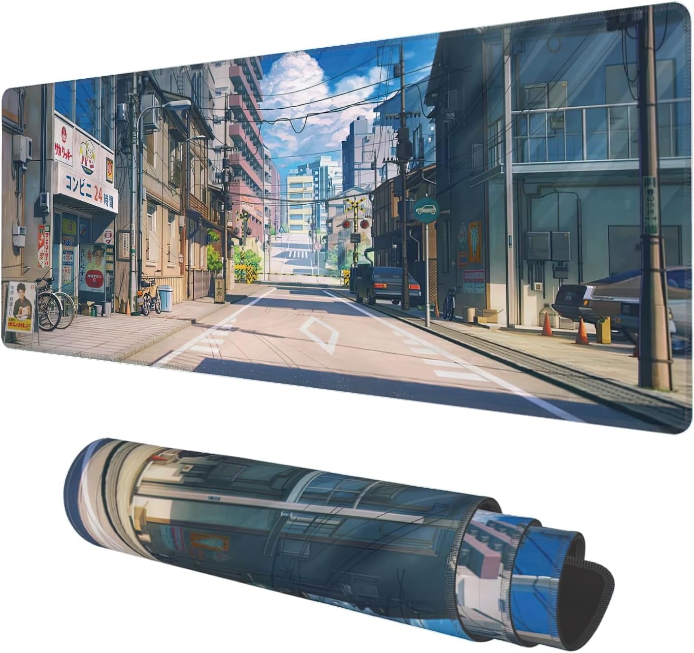 Desk Mat, Anime Summer Street Scenery Extended Gaming Mouse Pad Large, 31.5"x11.8" Big Mouse Pad with Non-Slip Base and Stitched Edge, Long Computer Keyboard Mouse Mat for Home Office Work
