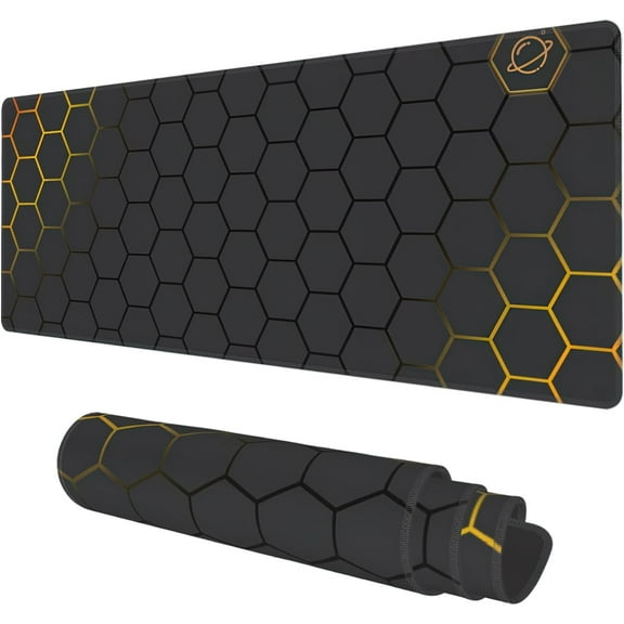 Desk Mat, Black Gold Honeycomb Technology Extended Gaming Mouse Pad Large, 31.5"x11.8" Big Mouse Pad with Non-Slip Base and Stitched Edge, Long Computer Keyboard Mouse Mat for Home Office Work