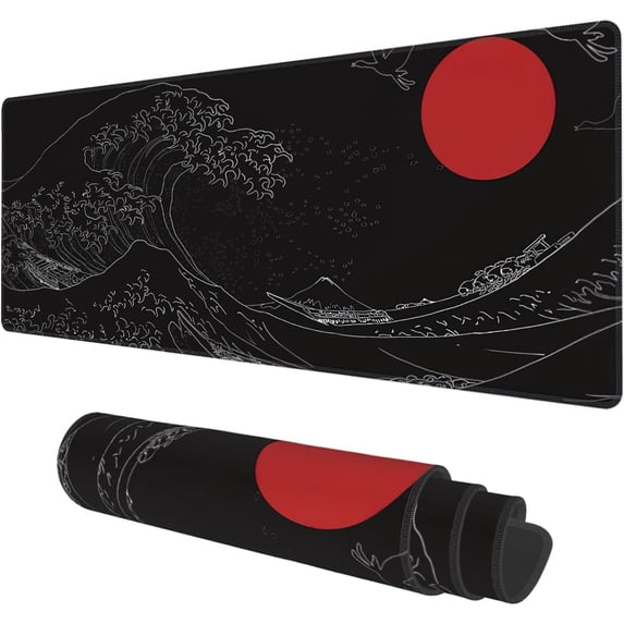 Desk Mat, Black Japanese Style Wave and Red Sun Extended Gaming Mouse Pad Large, 31.5"x11.8" Big Mouse Pad with Non-Slip Base and Stitched Edge, Long Computer Keyboard Mouse Mat for Home Office Work