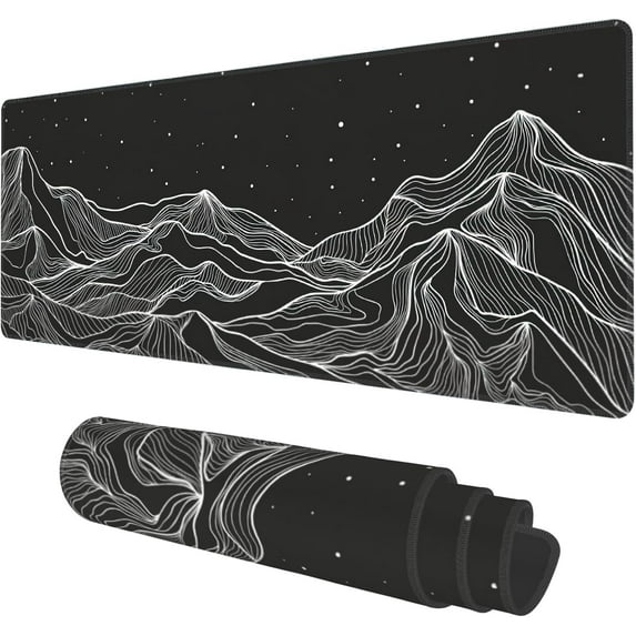 Desk Mat, Black Mountains Topographic Contour Extended Gaming Mouse Pad Large, 31.5"x11.8" Big Mouse Pad with Non-Slip Base and Stitched Edge, Long Computer Keyboard Mouse Mat for Home Office Work