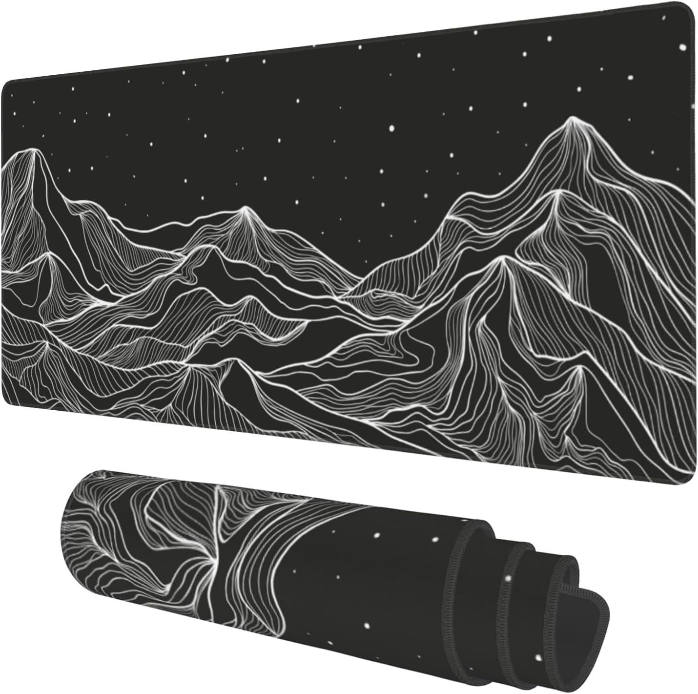 Desk Mat, Black Mountains Topographic Contour Extended Gaming Mouse Pad Large, 35.4"x15.7" Big Mouse Pad with Non-Slip Base and Stitched Edge, Long Computer Keyboard Mouse Mat for Home Office Work