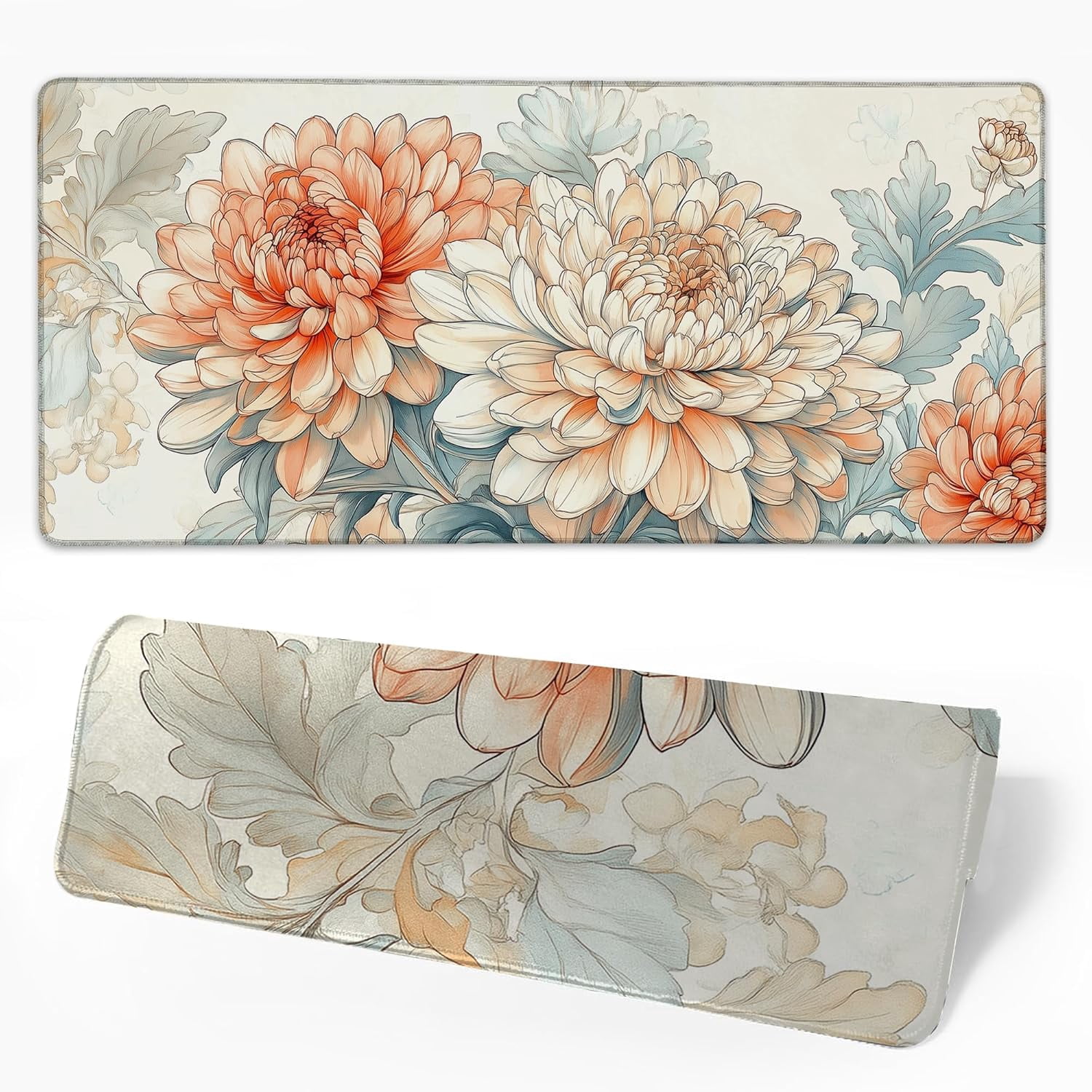 Desk Mat Blooming Chrysanthemums Desk Pad for Keyboard and Mouse, Large Big Gaming Mouse Pad with Stitched Edges for Work Game, 35.43 x 15.75 in