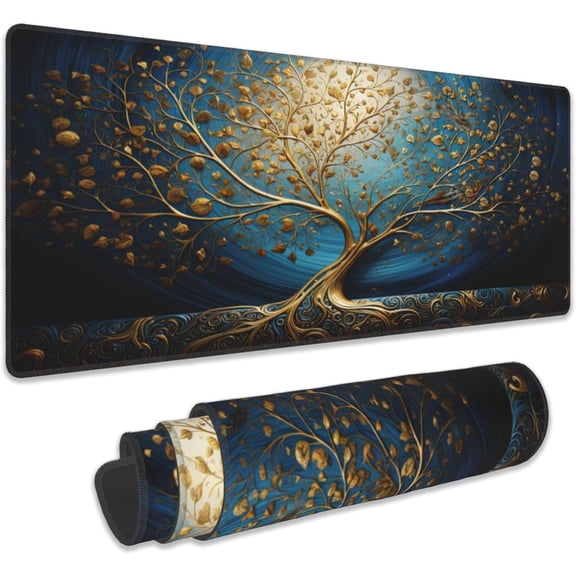 Desk Mat,Blue Golden Tree and Waves Extended Gaming Mouse Pad Large, 31.5"x11.8" 3D Modern Art Landscape Mouse Pad with Non-Slip Base and Stitched Edge,Computer Keyboard Mouse Mat for Home Office