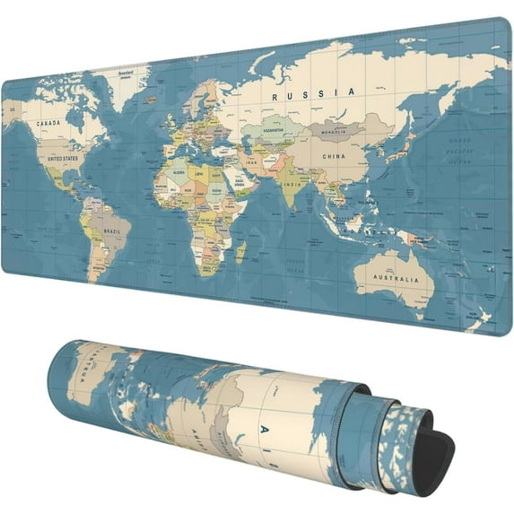 Desk Mat, Blue Vintage World Map Extended Gaming Mouse Pad Large, 31.5"x11.8" Big Mouse Pad with Non-Slip Base and Stitched Edge, Long Computer Keyboard Mouse Mat for Home Office Work