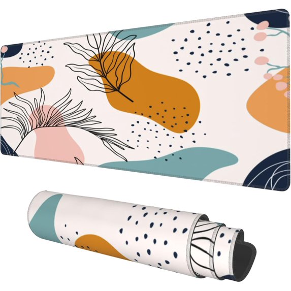 Desk Mat, Boho Abstract Leaves Extended Gaming Mouse Pad Large, 31.5"x11.8" Big Mouse Pad with Non-Slip Base and Stitched Edge, Long Computer Keyboard Mouse Mat for Home Office Work