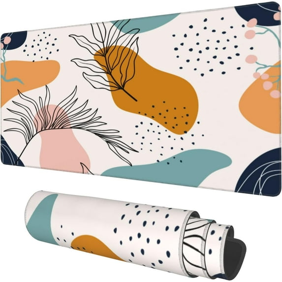 Desk Mat, Boho Abstract Leaves Extended Gaming Mouse Pad Large, 35.4"x15.7" Big Mouse Pad with Non-Slip Base and Stitched Edge, Long Computer Keyboard Mouse Mat for Home Office Work
