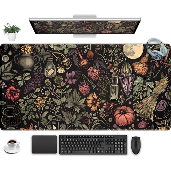 Desk Mat Botanical Witchery Mouse Pad Gaming Mat Dark Keyboard Mat, Long Mouse Mat XXL Extended Desktop Pad Computer Mats with Stitched Edges, Office Desk Accessory Home Decor 31.5" x 15.7"